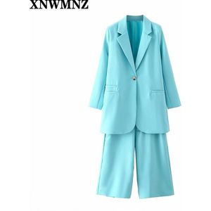 Xnwmnz Za Vrouwen Blazer Twee Pc Sets Femme Herfst Lange Mouwen Single Button Blauwe Jas Jas + Solid Shorts