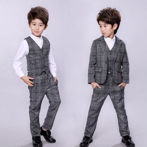 Kid Kostuum jas + Broek + vest 3 onderdelen Kind Prom Pak 2-10Years jongen Kleding Sets Grijs Plaid Slanke School jongens Blazer Pak