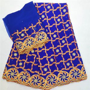 100% blauwe kleur katoen Zwitserse kant stof geborduurde Afrikaanse voile kant stof met chiffon blouse voor jurk