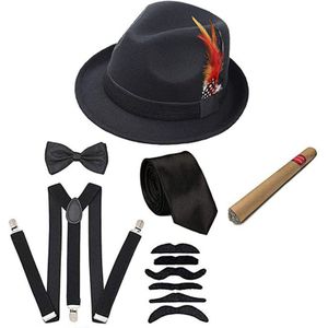 Halloween Cosplay Kostuum 1920S Mens Gatsby Gangster Accessoires Set - Fedora Krantenverkoper Hoed Bretels Armbanden Gebonden Bowtie