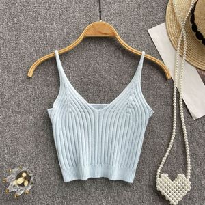 Singreiny Zomer Knit Hemdje Vrouwen V-hals Gestreepte Slanke Elastische Taille Strap Top Vrouwelijke Mode Streetwear Korte Tank Top
