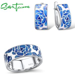 Santuzza Zilveren Sieraden Set Voor Vrouwen Pure 925 Sterling Zilveren Blauwe Bloem Emaille Oorbellen Ring Set Trendy Fijne Sieraden Handgemaakte