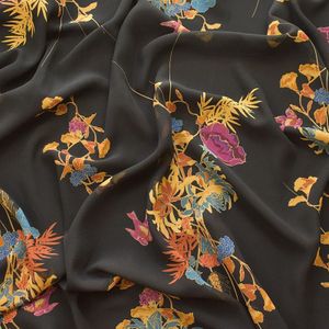 Zwarte Bloemen Gedrukt Chiffon Stof Zachte Comfortabele Kleding Tissue Voor Diy Vrouwen Jurk Sjaal Patchwork Bekleding