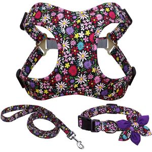 3Pcs Halsband Harness Leash Set Nylon Honden Vest Harnassen Bloemenprint Huisdier Kraag Met Lead Riemen Met Bloem accessoires