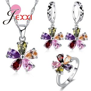 Prachtige Vijf Bloem Hangers Kettingen Oorbellen Ring Set Voor Vrouwen 925 Sterling Zilveren Gemengde Cubic Zirkoon Sieraden Sets