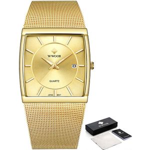 Wwoor Top Luxe Zwart Vierkant Horloges Voor Mannen Waterdichte Slanke Datum Horloge Mannelijke Stalen Mesh Band Quartz Analoge Klok mannen