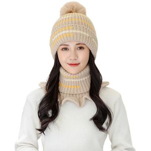 Vrouwen Winter Knit 2 Stuks Beanie Hoed Ruches Coltrui Kraag Sjaal Set Kleurrijke Gestreepte Pluche Gevoerd Pompom Skullies Cap