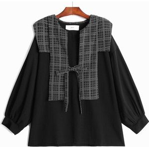 Superaen Plaid Sjaal Twee Stuk Sailor Kraag Chiffon Shirts Volledige Herfst Losse Blouse Vrouwen