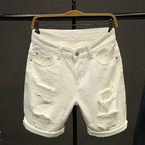 Zomer Witte Mannen Ripped Losse Rechte Jeans Korte Mode Hip Hop Bermuda Gaten Mannelijke Effen Kleur Toevallige Strand Denim Shorts