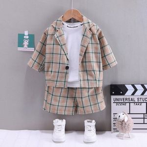 Zomer Kinderkleding Koreaanse Plaid Mode Baby Jongens Kleding Peuter Baby 3Pcs Pak Korte Mouw Casual Kleding Set 2022