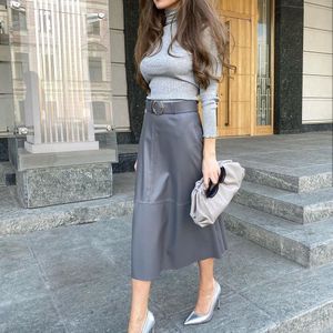 Hoge Taille Pu Lederen Rokken Met Riem Lady Trendy Effen Kleur Midi Rok Wrap Herfst Winter Vrouwen Slim Office Potlood rok