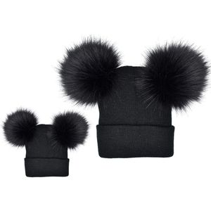 2 stuks Winter Moeder Baby Gebreide Muts Set Warm Dubbele Wol Bont Bal Vrouwen Meisjes Haak Cap Pompom Gevlochten Mutsen kit SER88