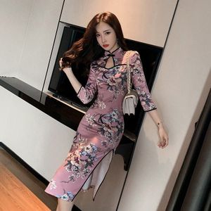 Chinese Jurk Hollow Out Side Split Elegante Jurk Bloemenprint Hoge Split Sexy Cheongsam Jurk Retro Verbeterd Qipao Kostuum