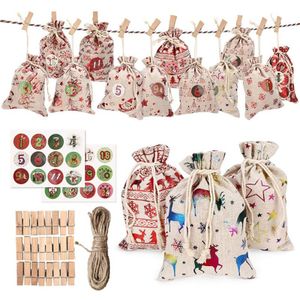 24Pcs 1-24 Nummers Zak Kerst Diy Adventskalender Ornament Kerstcadeau Zakken Kalender Countdown Zak Snoep Opslag zakjes