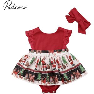 Gloednieuwe Kerst Peuter Baby Meisjes Kerstman Romper Jurk Lace Mouwen Ruches Jumpsuits Claus Print Playsuit Jurk + Hoofdband