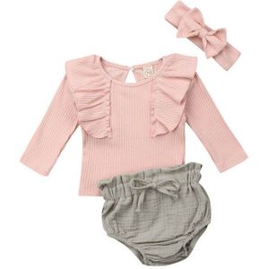 Zomer Korte Mouw Roze Ruches Tops Bottom Hoofdband Meisje Kleding Katoen Outfits 3 PCs Pasgeboren Baby Meisjes Kleding Set