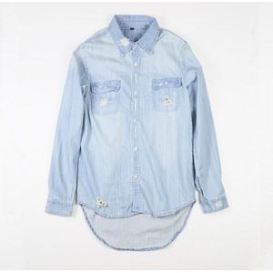 Lente herfst mannen lange mouw denim shirt met gescheurde gat onregelmatige zoom verwaardigen mannen jeans overhemd hip hop punk blouse