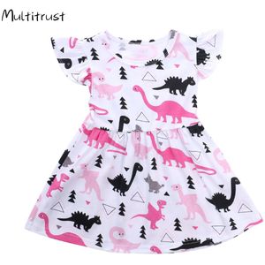 Baby Meisjes Jurk 0-4Y Causale Jurk Cartoon Dinosaurus Print Ruches Korte Mouw Knie Lengte A-lijn Jurk Zomer