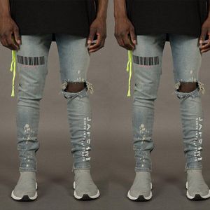 Bar Code Print Ripped Gaten Jeans Voor Mannen Hip Hop Punk Slim Fit Denim Broek Mode Streetwear Noodlijdende Broek Plus size 3XL