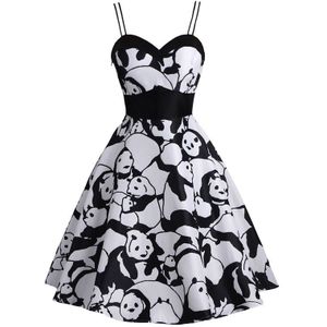 Tonval Vrouwen Zwart En Wit Leuke Panda Print Retro Jurk Hoge Taille Vintage 50S Stijl Spaghetti Band Zomer Jurken