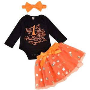 Pasgeboren Baby Meisjes Halloween Kleding Sets Lange Mouw Bodysuits Dots Chiffon Kant Rokken Hoofdband Festival 3Pcs Sets