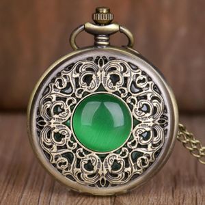 Retro Brons Pocket Horloges Groene Steen Quartz Pocket Watches Met Ketting Ketting Hanger Beweging Mens Womens Relogio De Bolso