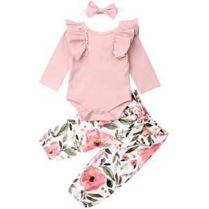 3pcs Pasgeboren Baby Meisje Kleding Sets Lange Mouwen Ruffle Romper Tops + Bloemen Broek + Hoofdband Outfit Set