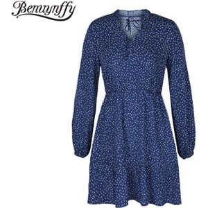 Benuynffy Vintage Ruches Tie Hals Dot Print Jurk Vrouwen Hoge Taille Lange Mouw Vrouwelijke Jurken Herfst Casual A-lijn Mini Jurk