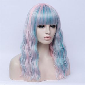 MSIWIGS Lolita lange Golvende Regenboog Pruik met Bang Hoge Temperatuur Fiber Synthetische Cosplay Pruiken voor Meisjes Halloween