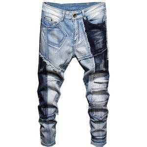 Mannen Patch Patchwork Stretch Denim Jeans Blauw Fringe Ripped Broek Midden Taille Broek