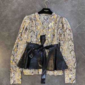 Deat Herfst Arrivals Snake Gestreepte Pailletten V Hals Lange Mouw Chiffon Blouse Met Ruches Gordel Vrouwen MK454