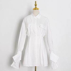 Vgh Patchwork Geplooide Witte Jurk Vrouwen Revers Lange Mouwen Hoge Taille Mini Solid Jurken Vrouwelijke Mode Kleding Fall