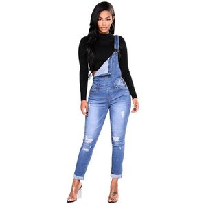 Vrouw Overalls Bandjes Jeans Gescheurd Gat Stretch Jumpsuit Rompertjes Jeans Vrouwelijke Basic Classic manchetten Potlood Blauw Denim Broek