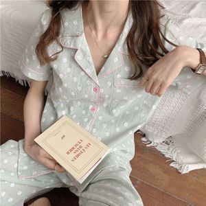 Qweek Vrouwen Katoenen Pyjama Koreaanse Stijl Home Kleding Bloemenprint Peignoir Femme Paars Broekpakken 2 Delige Set Nachtkleding