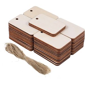 Vorcool 50Pcs Opknoping Tags Onvoltooide Lege Rechthoek Houten Hangers Uitgerust Met 10M Hennep Touw Voor Diy Craft