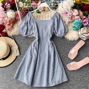 Yuoomuoo Vintage Vierkante Kraag Plaid Daisy Bloem Elegante Jurk Vrouwen Zomer Koreaanse Puff Mouwen A-lijn Korte Party Dress