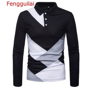 Fengguilai Polo Business Zwart En Witte Stiksels Effen Mannelijke Shirt Lange Mouw Stand Kraag Mannelijke Polo Shirt