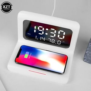 Draadloze Oplader Opladen Pad Met Led Digitale Alarm Spiegel Klok 12/24H Temperatuur Datum 10 W Snel Opladen voor Iphone Telefoon
