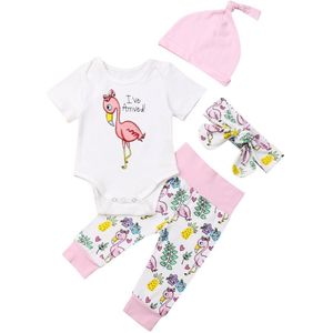 Mode 4 Stks/set Baby Meisje Doek Pasgeboren Baby Meisje Flamingo Romper Tops Lange Broek Hoofdband Hoed Outfits Kleding