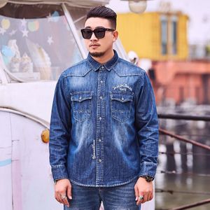 Lente Herfst Denim Shirt Plus Grote Maat 4XL 5XL 6XL Heren Lange Mouwen Loose Fit 100% Katoenen Geborduurde Cowboy shirts