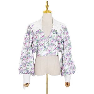 Twotwinstyle Elegante Patchwork Print Bloemen Famale Shirts Revers Kraag Lantaarn Lange Mouwen Shirt Voor Vrouwen Zomer Mode