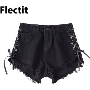 Flectit Black Lace-Up Jeans Shorts Voor Vrouwen Verzwakte Hem Hoge Taille Shorts Zomer Dames Meisjes Outfits