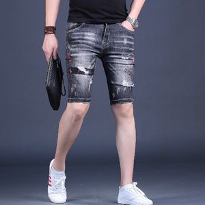 Mannen Denim Shorts Mode Gedrukt Ripped Knielengte Jean Zomer Casual Zwart Grijs Slim Fit Straight Korte Jeans Mannelijke kleding
