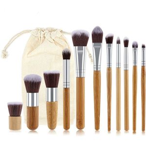 11Pcs Natuurlijke Bamboe Handvat Make-Up Kwasten Set Met Katoenen Zak Foundation Blending Cosmetische Make Up tool