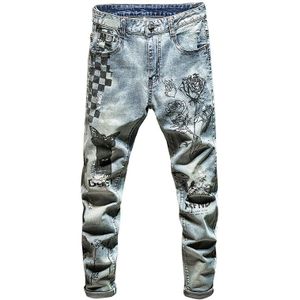 Sokotoo Men's plaid rose flower printed jeans Trendy holes ripped stretch denim pants