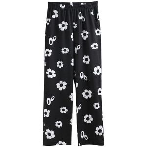 Zwarte Bloemenprint Pyjamabroek Voor Vrouwen Katoen Dunne Slaap Botoms Op Lente Zomer