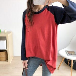 Grote Maat Sweater Contrast Kleur Lange Mouw O-hals Gebreide Katoenen Losse Moederschap Kleding Casual t-shirt 8395