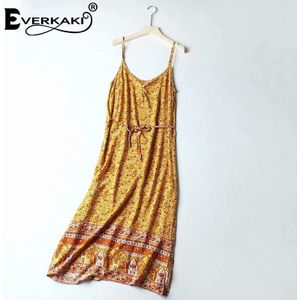 Everkaki Gypsy Floral Print Slip Dresses Women Summer Beach Vestidos Split Ladies Boho Dress Female Spring