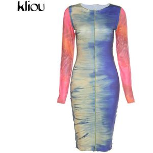 Kliou Multicolor Print Jurken Vrouwen Herfst Patchwork Slanke Streetwear Party Clubwear Vrouwelijke Bodycon Платье Outfits