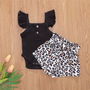 0-24M Pasgeboren Baby Meisjes Kleding Set Zoete Zomer Kids Meisjes Geribbelde Gebreide Knop Romper Hoge Taille Riem luipaard Print Shorts